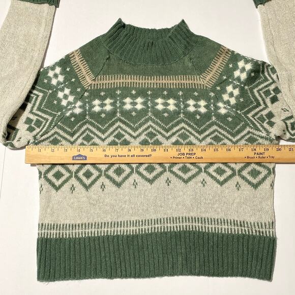 Women's Crop Sweater Fair Isle Nordic Mock Neck Sz Large Green Holiday Cabin Ski - Picture 4 of 10